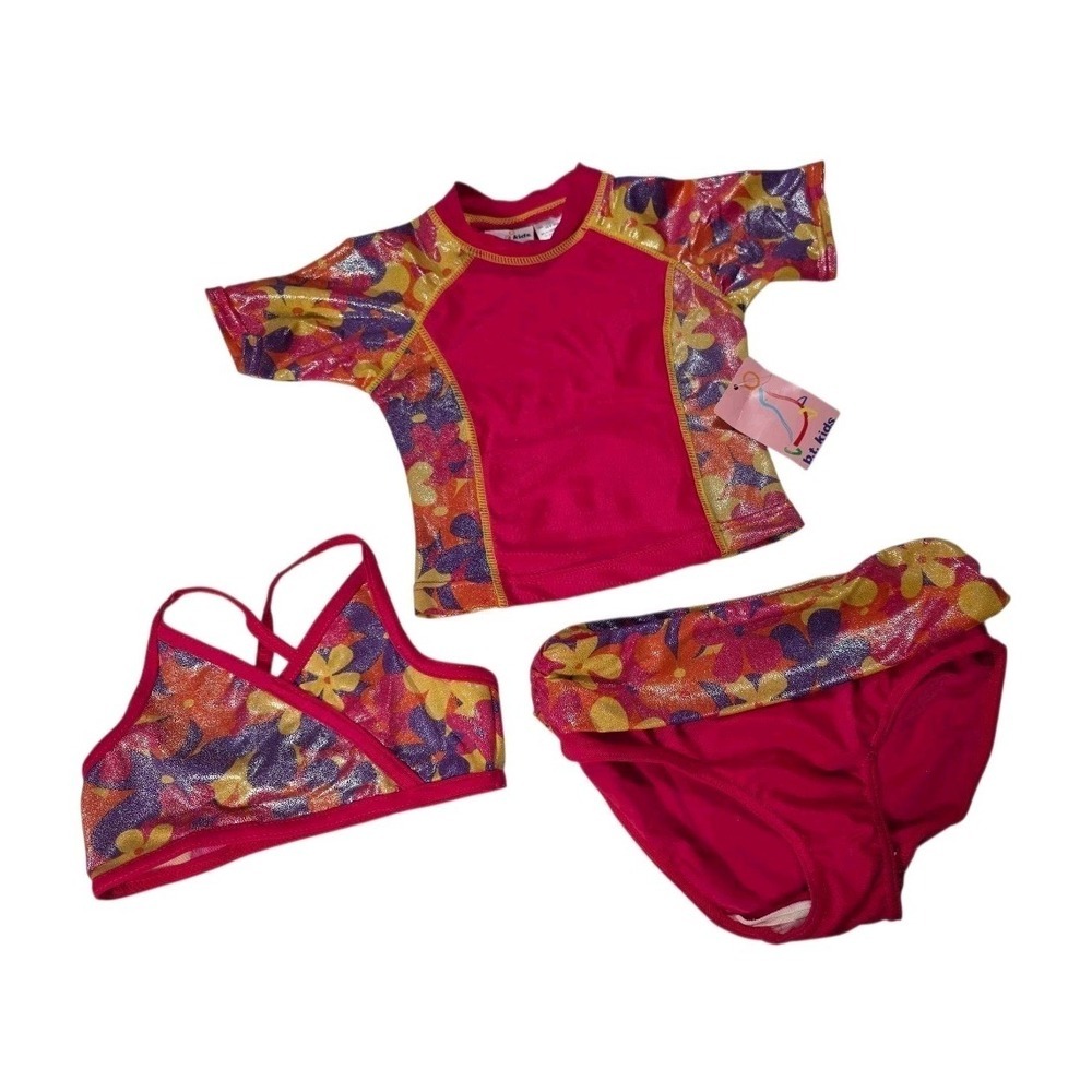 Vintage Y2K BT Kids Girls 3Pc Floral Swim Set 3T Pink Bikini Rash Guard